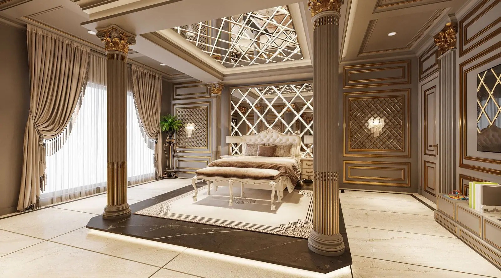 Grand bedroom suite with gold-trimmed panelling, fluted columns and mirrored ceiling
