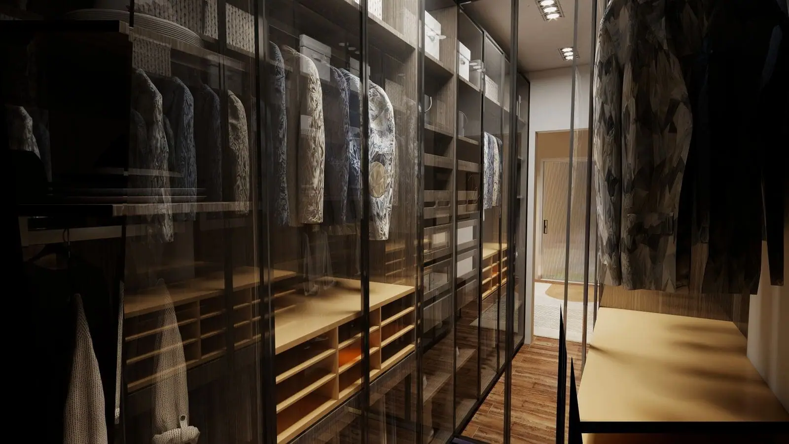 Walk-in wardrobe behind smoked glass doors with wooden shelving